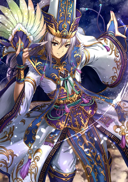 Anime picture 800x1131 with shingoku no valhalla gate sakiyamama single long hair tall image looking at viewer fringe hair between eyes standing holding brown eyes payot silver hair cloud (clouds) nail polish traditional clothes fingernails light smile night wide sleeves