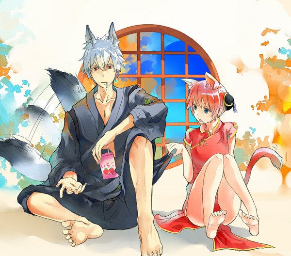 Anime picture 1000x880 with gintama sunrise (studio) sakata gintoki kagura (gintama) djyui looking at viewer short hair open mouth blue eyes red eyes sitting animal ears looking away bent knee (knees) white hair tail traditional clothes japanese clothes animal tail barefoot