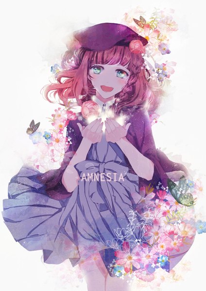 Anime picture 1200x1697 with amnesia idea factory heroine (amnesia) motyaaaaaaa single long hair tall image looking at viewer blush open mouth simple background smile brown hair white background green eyes profile teeth curly hair girl flower (flowers)