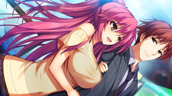 Anime picture 2560x1440 with reminiscence re accela (reminiscence re) tomose shunsaku long hair highres short hair open mouth brown hair wide image bare shoulders brown eyes game cg purple hair ponytail couple girl boy