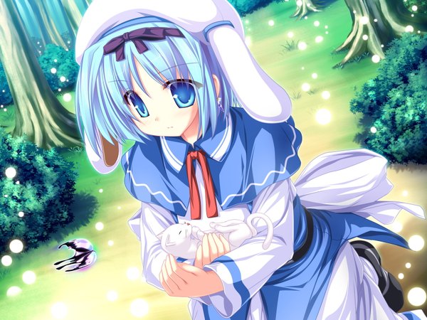 Anime picture 1600x1200 with magus tale whirlpool (studio) kujou yuuka tenmaso single blush short hair blue eyes animal ears game cg kneeling looking down girl ribbon (ribbons) plant (plants) hair ribbon animal tree (trees) insect butterfly