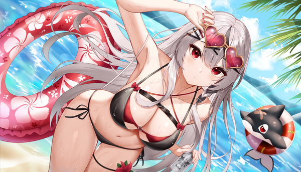 Anime picture 8262x4717 with virtual youtuber hololive sakamata chloe roina single long hair looking at viewer fringe highres breasts light erotic hair between eyes red eyes wide image large breasts standing holding absurdres sky cleavage