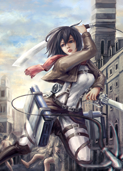 Anime picture 773x1077 with shingeki no kyojin production i.g mikasa ackerman tang single tall image short hair black hair holding sky black eyes dual wielding girl weapon sword jacket boots belt scarf thigh strap