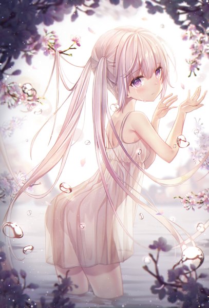 Anime picture 2902x4278 with original kyubi single long hair tall image looking at viewer blush fringe highres breasts light erotic hair between eyes standing purple eyes twintails payot silver hair ass outdoors head tilt