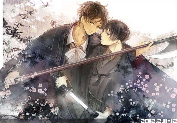 Anime picture 1250x874 with axis powers hetalia studio deen japan (hetalia) spain (hetalia) looking at viewer short hair blue eyes black hair yellow eyes traditional clothes japanese clothes multiple boys boy flower (flowers) weapon sword kimono katana 2 boys