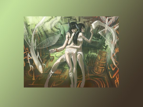 Anime picture 1280x960 with d.gray-man kanda yuu lenalee lee long hair light erotic black hair simple background holding ass profile grey eyes tattoo couple hug back border head wings green background girl boy