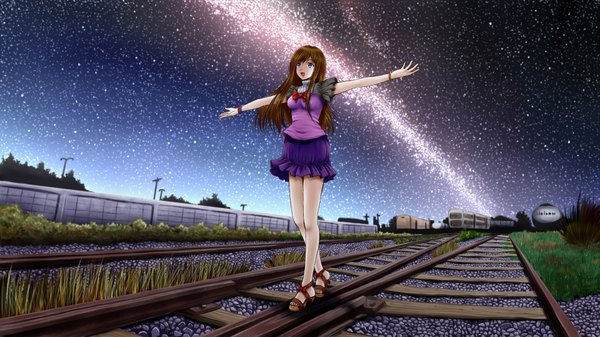 Anime picture 1920x1080 with original ilolamai single long hair highres open mouth blue eyes smile brown hair wide image sky night night sky spread arms girl skirt bow plant (plants) tree (trees) star (stars)