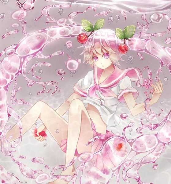 Anime picture 970x1040 with vocaloid hatsune miku sakura miku bottle miku magupon single tall image looking at viewer twintails pink hair very long hair pink eyes liquid hair girl skirt uniform hair ornament serafuku food bubble (bubbles)