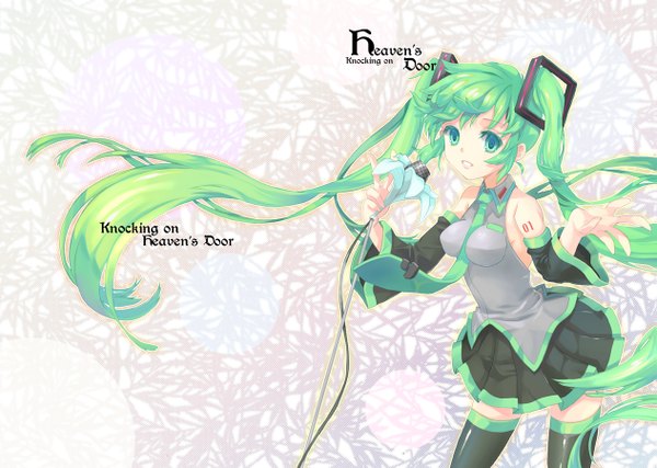 Anime picture 1263x900 with vocaloid hatsune miku mintchoco (orange shabette) single standing twintails bare shoulders payot looking away very long hair parted lips pleated skirt green hair zettai ryouiki girl thighhighs skirt flower (flowers) detached sleeves miniskirt