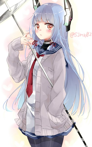 Anime picture 680x1086 with kantai collection murakumo destroyer shijima (sjmr02) single long hair tall image blush fringe standing holding brown eyes blue hair short twintails hand in pocket tress ribbon girl ribbon (ribbons) hair ribbon pantyhose necktie