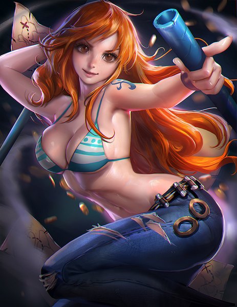 Anime picture 1082x1400 with one piece toei animation nami (one piece) sakimichan single long hair tall image looking at viewer blush fringe breasts light erotic simple background large breasts standing bare shoulders holding brown eyes payot cleavage