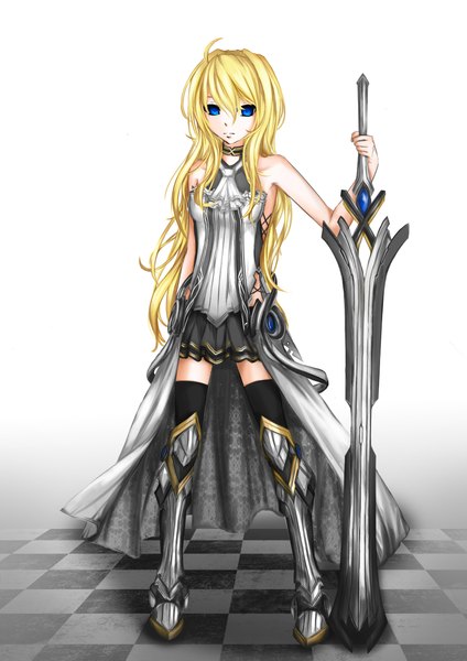 Anime picture 1654x2339 with original closedbox (artist) long hair tall image looking at viewer blue eyes blonde hair white background bare shoulders zettai ryouiki checkered floor girl thighhighs skirt weapon black thighhighs huge weapon huge sword