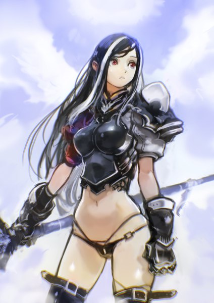 Anime picture 2480x3508 with original okuto single long hair tall image fringe highres breasts light erotic black hair red eyes standing holding looking away sky cloud (clouds) outdoors multicolored hair wind two-tone hair