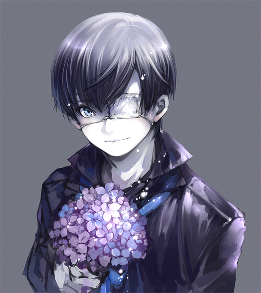 Anime picture 1000x1121 with tokyo ghoul studio pierrot kaneki ken yeyeximo single tall image looking at viewer fringe blue eyes smile holding purple hair grey background pale skin glow boy flower (flowers) eyepatch hydrangea