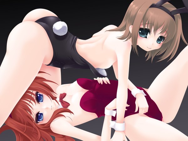 Anime picture 1600x1200 with mahou shoujo lyrical nanoha yagami hayate vita light erotic bunny girl 69 girl bunnysuit