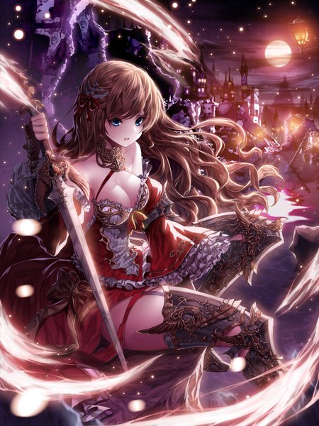 Anime picture 1200x1600 with original black joa single long hair tall image breasts blue eyes light erotic brown hair sitting looking away cleavage night girl dress gloves hair ornament bow weapon sword