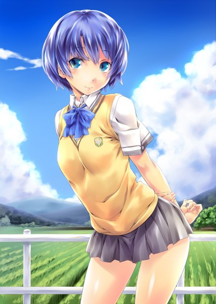 Anime picture 857x1200 with ano natsu de matteru j.c. staff tanigawa kanna yoriyuki chiyo single tall image looking at viewer blush short hair blue eyes blue hair sky cloud (clouds) hands behind back field girl skirt uniform school uniform miniskirt