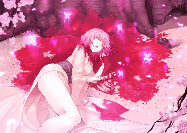 Anime picture 1500x1067 with touhou saigyouji yuyuko saigyou ayakashi haruno shuu single short hair breasts pink hair lying traditional clothes japanese clothes pink eyes wide sleeves bare legs legs glowing on side bloody clothes bleeding death