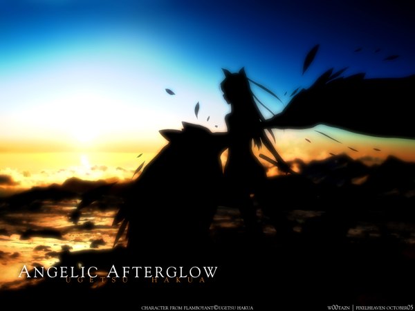 Anime picture 1600x1200 with hakua ugetsu looking away cloud (clouds) sunlight evening sunset angel wings angel weapon sword wings feather (feathers)