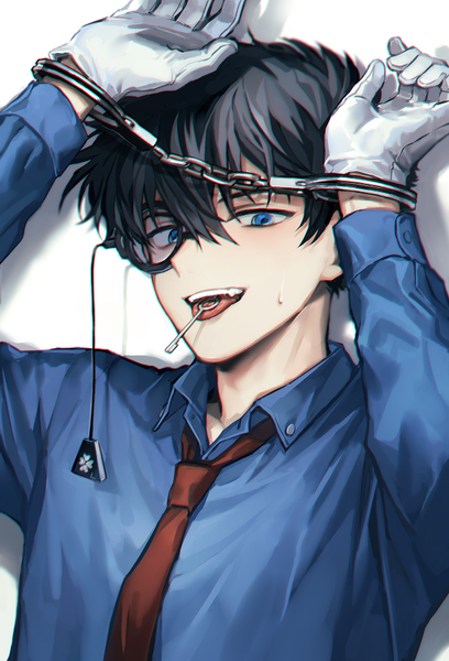 Anime picture 612x900 with detective conan magic kaito kuroba kaito ha nee2 single tall image looking at viewer fringe short hair open mouth blue eyes black hair simple background smile hair between eyes white background holding upper body long sleeves arms up