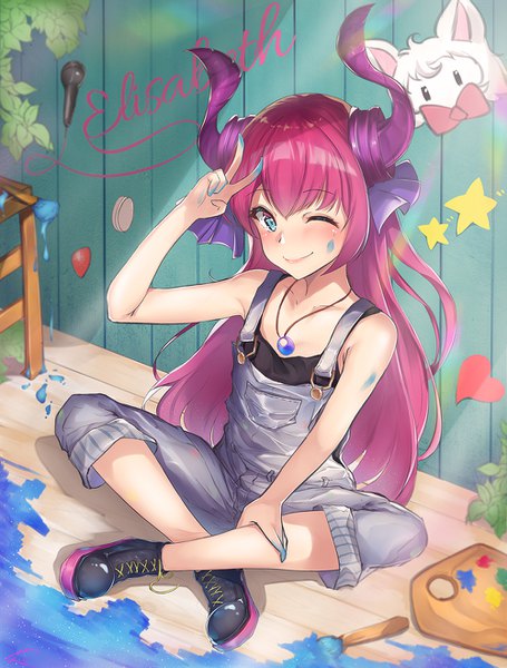 Anime picture 1000x1318 with fate (series) fate/extra fate/extra ccc elizabeth bathory (fate) (all) konata (knt banri) single long hair tall image looking at viewer blush fringe smile sitting bare shoulders payot pink hair cleavage full body one eye closed horn (horns)