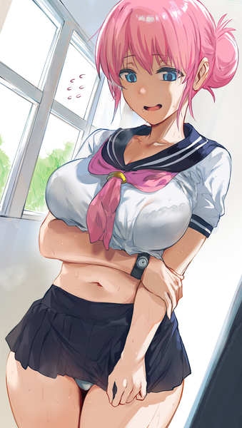 Anime picture 4147x7346 with bocchi the rock! cloverworks gotou michiyo hews single tall image blush fringe highres short hair breasts open mouth blue eyes light erotic hair between eyes large breasts standing pink hair absurdres indoors