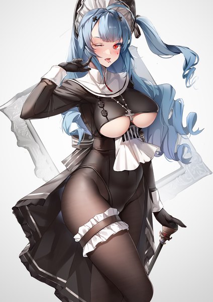 Anime-Bild 2480x3508 mit azur lane marco polo (azur lane) marco polo (the queen of hearts) (azur lane) lubikaya1 single long hair tall image looking at viewer blush fringe highres breasts open mouth light erotic simple background red eyes large breasts standing blue hair ahoge