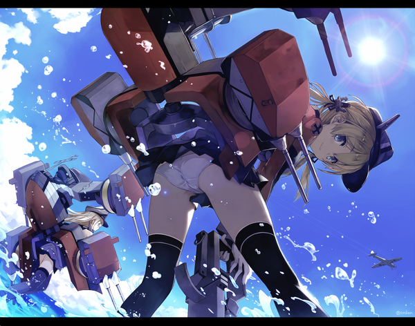 Anime picture 1050x827 with kantai collection bismarck battleship prinz eugen (kantai collection) orda long hair looking at viewer short hair blue eyes light erotic blonde hair smile multiple girls looking away sky cloud (clouds) pleated skirt from below leaning spread legs leaning forward