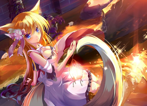 Anime picture 1000x721 with original takataka single long hair blush breasts blue eyes blonde hair animal ears looking away cleavage tail animal tail fox ears fox tail fox girl girl dress hair ornament water