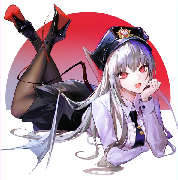 Anime picture 3358x3398 with blue archive haruna (blue archive) moko (moko/moko) single long hair tall image looking at viewer fringe highres open mouth hair between eyes red eyes absurdres full body tail lying :d grey hair high heels crossed legs