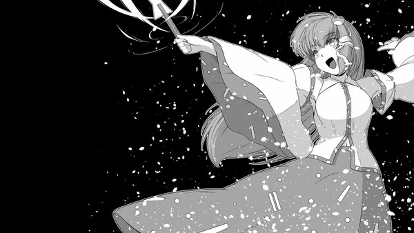 Anime picture 1920x1080 with touhou kochiya sanae sunatoshi single long hair highres open mouth smile wide image looking away :d wide sleeves sparkle wallpaper black background monochrome outline girl skirt detached sleeves
