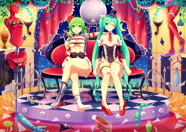 Anime picture 1700x1215 with vocaloid hatsune miku gumi sakakidani long hair looking at viewer blush short hair breasts open mouth light erotic smile large breasts sitting twintails multiple girls cleavage one eye closed hair flower aqua eyes