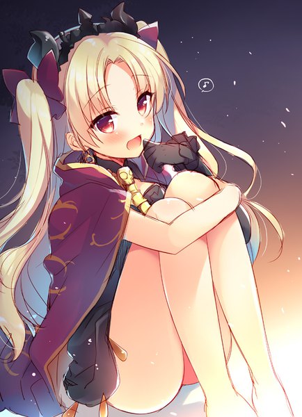 Anime picture 600x829 with fate (series) fate/grand order toosaka rin ereshkigal (fate) sazaki ichiri single long hair tall image looking at viewer blush open mouth light erotic simple background blonde hair red eyes barefoot two side up gradient background leg hug girl