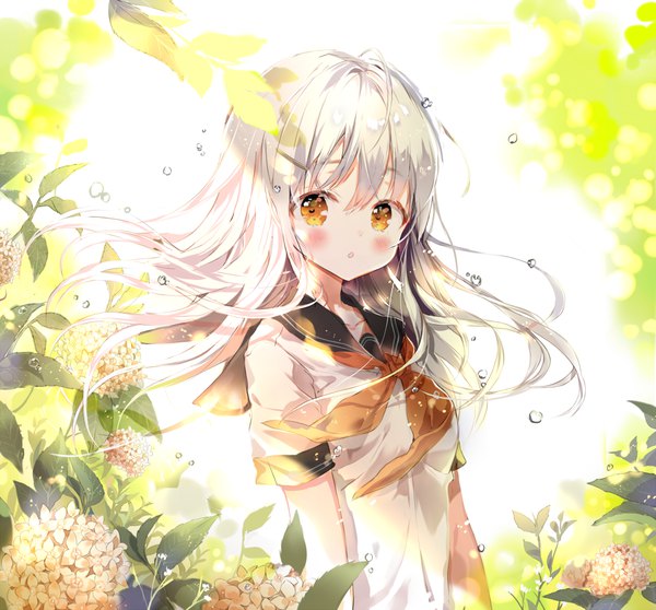 Anime picture 1000x930 with original b rock single long hair looking at viewer blush fringe hair between eyes outdoors white hair sunlight :o short sleeves floating hair girl uniform flower (flowers) plant (plants) serafuku water drop