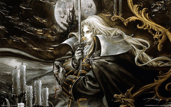 Anime picture 1920x1200 with castlevania castlevania: symphony of the night konami alucard (castlevania) kojima ayami long hair highres blonde hair wide image white hair blank eyes boy gloves sword moon cloak cross full moon candle (candles) castle