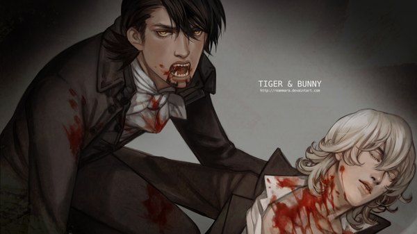 Anime picture 1920x1080 with tiger & bunny sunrise (studio) kaburagi t. kotetsu barnaby brooks jr. reammara highres short hair open mouth black hair blonde hair wide image signed yellow eyes eyes closed inscription open clothes multiple boys teeth fang (fangs) open shirt