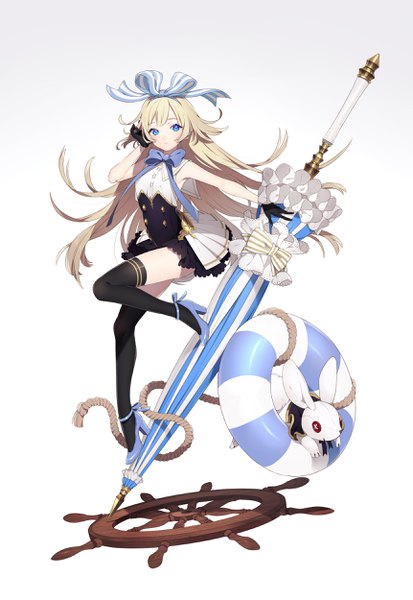 Anime picture 1722x2500 with original ni02 (asahi nini) single long hair tall image looking at viewer blush highres blue eyes blonde hair simple background white background full body bent knee (knees) high heels sleeveless gradient background floating hair outstretched arm striped