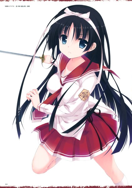 Anime picture 2674x3800 with hidan no aria hotogi shirayuki kobuichi single long hair tall image looking at viewer highres blue eyes black hair simple background white background scan girl skirt uniform ribbon (ribbons) weapon hair ribbon school uniform