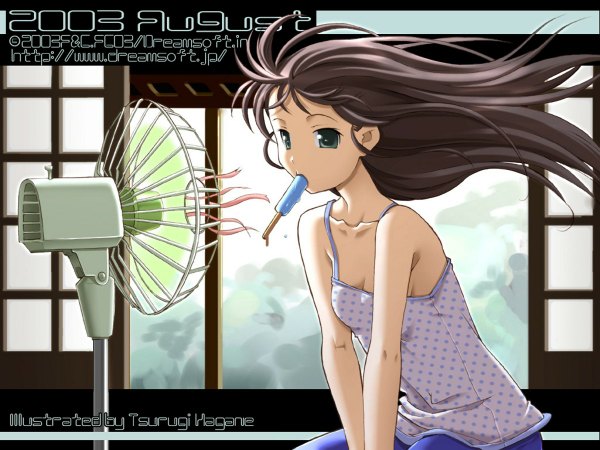 Anime picture 1200x900 with dreamsoft tsurugi hagane single long hair brown hair sitting holding green eyes signed indoors wind mouth hold polka dot heat girl food sweets ice cream popsicle camisole
