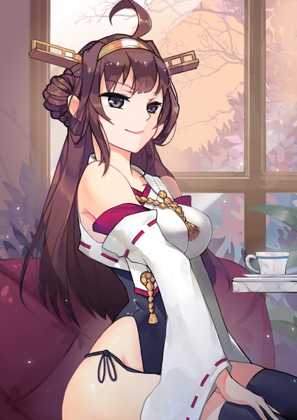 Anime picture 1480x2093 with kantai collection kongou battleship tsubasa19900920 single long hair tall image looking at viewer fringe light erotic smile brown hair sitting bare shoulders ahoge black eyes hair bun (hair buns) nontraditional miko adapted costume girl thighhighs
