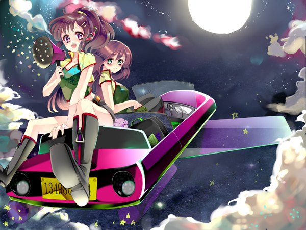 Anime picture 3000x2256 with original kurabayashi long hair highres open mouth brown hair purple eyes multiple girls green eyes absurdres sky cloud (clouds) night flying fantasy weightlessness girl 2 girls boots star (symbol)