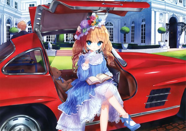 Anime picture 3300x2326 with original eshi 100-nin ten tsukigami luna long hair looking at viewer blush highres blue eyes blonde hair smile sitting absurdres scan loli crossed legs car interior girl boy gloves flower (flowers)