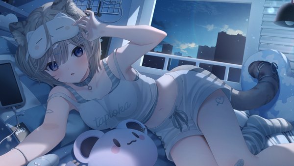 Anime picture 3072x1728 with original jimmy madomagi single looking at viewer blush fringe highres short hair open mouth blue eyes hair between eyes wide image animal ears indoors tail lying animal tail arm up grey hair midriff