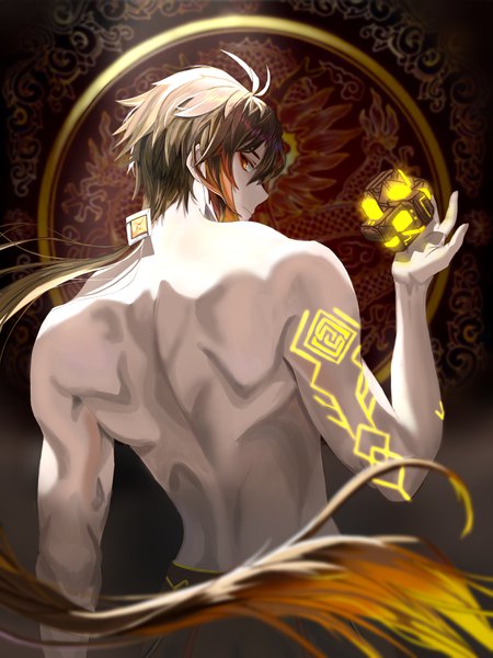 Anime picture 2048x2732 with genshin impact zhongli (genshin impact) ssum-qin single long hair tall image looking at viewer fringe highres hair between eyes brown hair yellow eyes looking back fingernails from behind tattoo back gradient hair low ponytail bare back