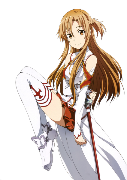 Anime picture 2884x4089 with sword art online a-1 pictures yuuki asuna kawakami tetsuya single long hair tall image looking at viewer fringe highres blonde hair smile bare shoulders brown eyes full body bent knee (knees) transparent background girl thighhighs skirt