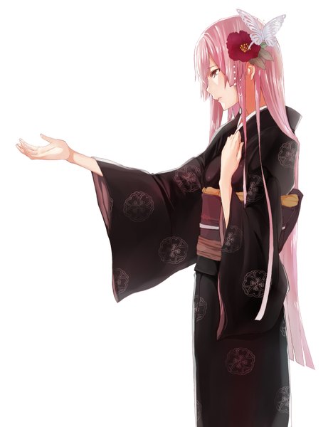 Anime picture 1250x1600 with vocaloid megurine luka yuki ikuy single long hair tall image open mouth simple background standing white background pink hair traditional clothes japanese clothes profile pink eyes hair flower teeth hand on chest girl hair ornament