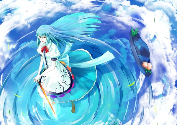 Anime picture 1600x1131 with touhou hinanawi tenshi nishiuri (artist) single long hair open mouth red eyes blue hair sky cloud (clouds) wind girl dress hat sword water boots peach