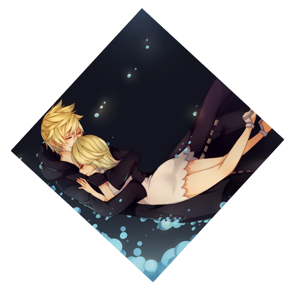Anime picture 1583x1560 with kingdom hearts square enix roxas namine persona92 (orichie) short hair blonde hair smile bare shoulders eyes closed couple hug happy transparent background underwater girl dress boy white dress bubble (bubbles)