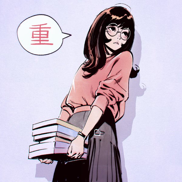 Anime picture 1080x1080 with original ilya kuvshinov single long hair blush fringe black hair simple background holding looking away ahoge black eyes shadow hieroglyph purple background casual girl skirt glasses book (books)