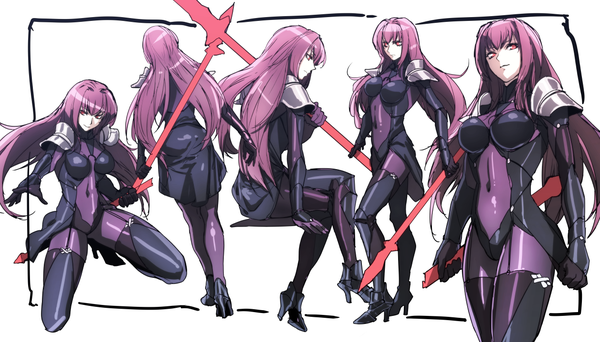 Anime picture 1260x720 with fate (series) fate/grand order scathach (fate) (all) scathach (fate) pizaya long hair fringe light erotic simple background red eyes wide image white background purple hair crossed legs covered navel framed multiple persona girl armor bodysuit